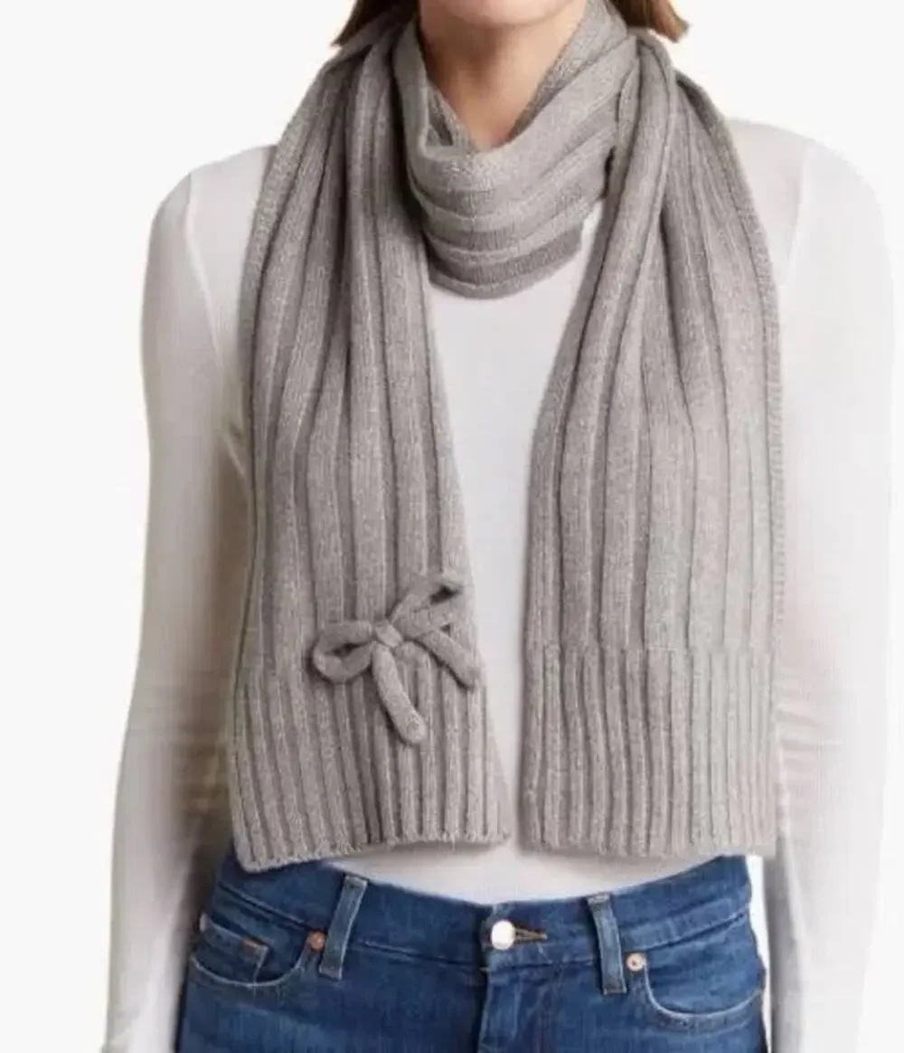 Kate Spade Metallic Gray Ribbed Knit Scarf with Bow Accent